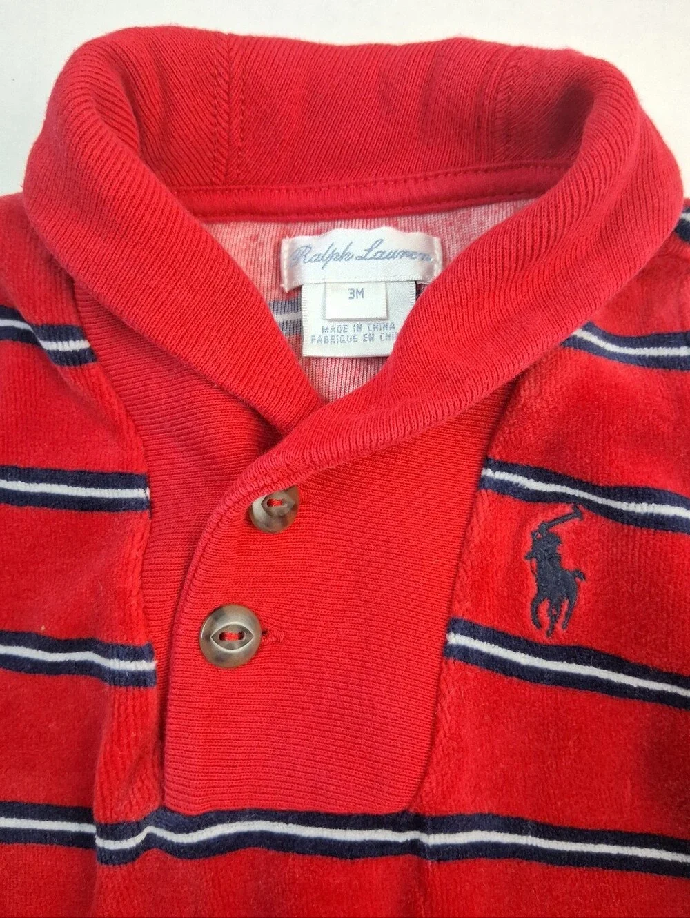 Ralph Lauren Red Navy Blue Stripe Shawl Collar Velor Footed Sleeper 3M